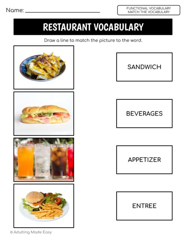 Restaurant Functional Vocabulary MATCH THE WORD Worksheets