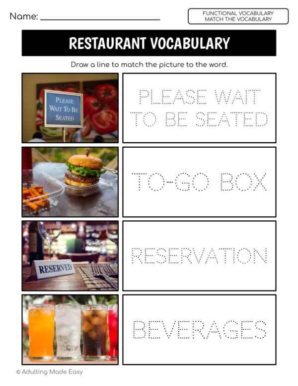Restaurant Functional Vocabulary TRACING Worksheets