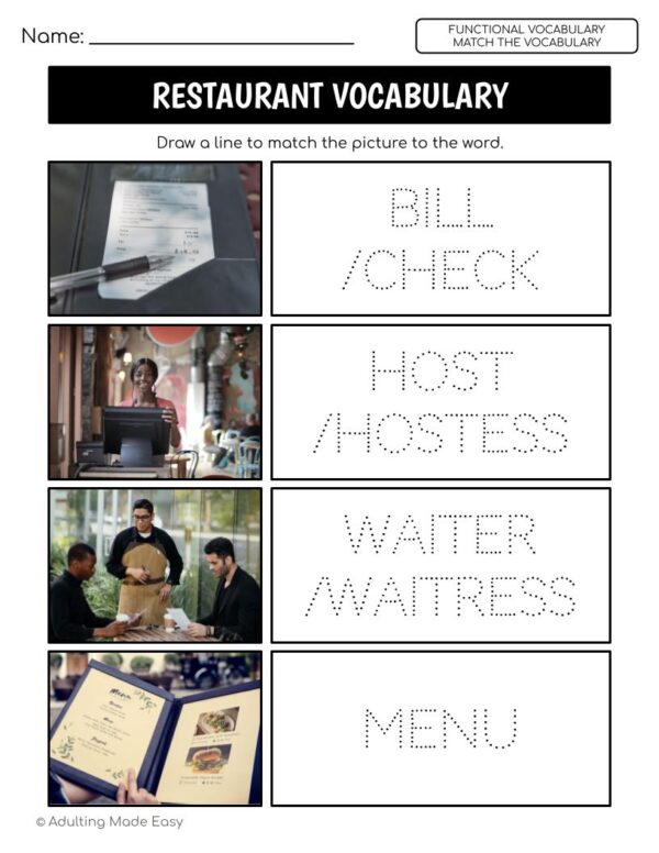 Restaurant Functional Vocabulary TRACING Worksheets