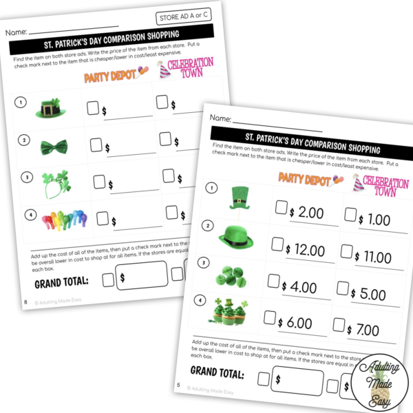 St. Patrick's Party Store Ad Math Comparison Shopping Worksheets - Image 4
