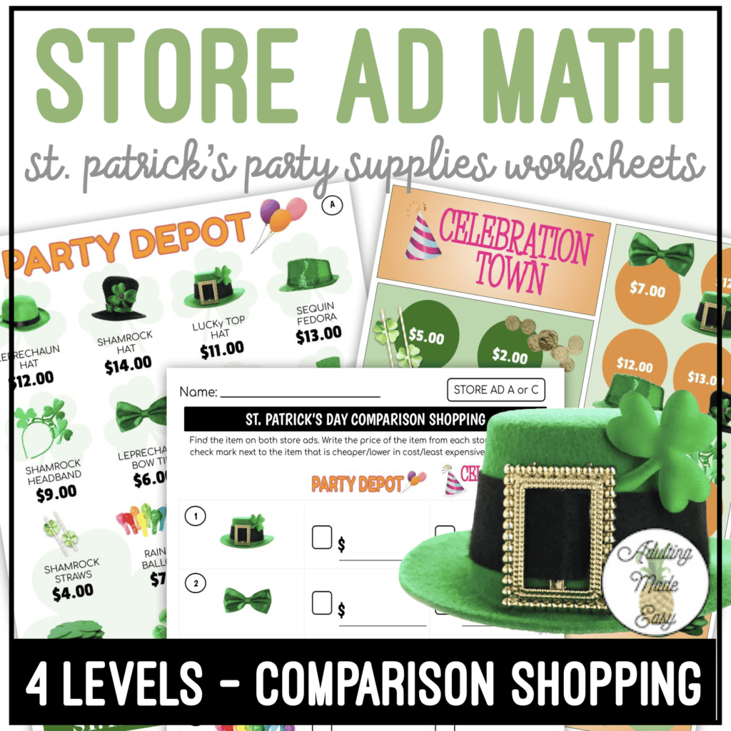 St. Patrick's Party Store Ad Math Comparison Shopping Worksheets ...