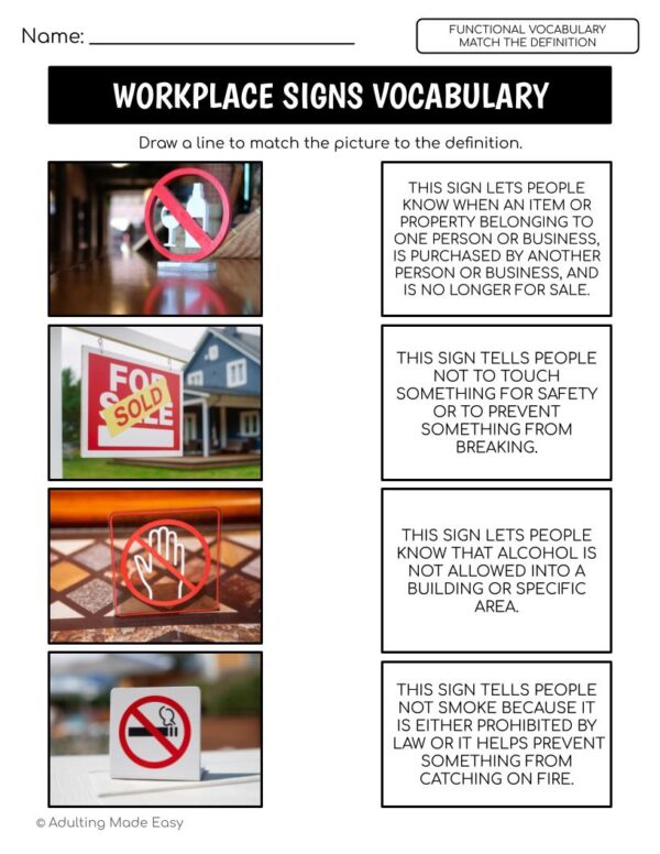 Workplace Signs Functional Vocabulary DEFINITIONS Worksheets - Image 3