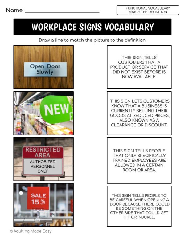 Workplace Signs Functional Vocabulary DEFINITIONS Worksheets - Image 2