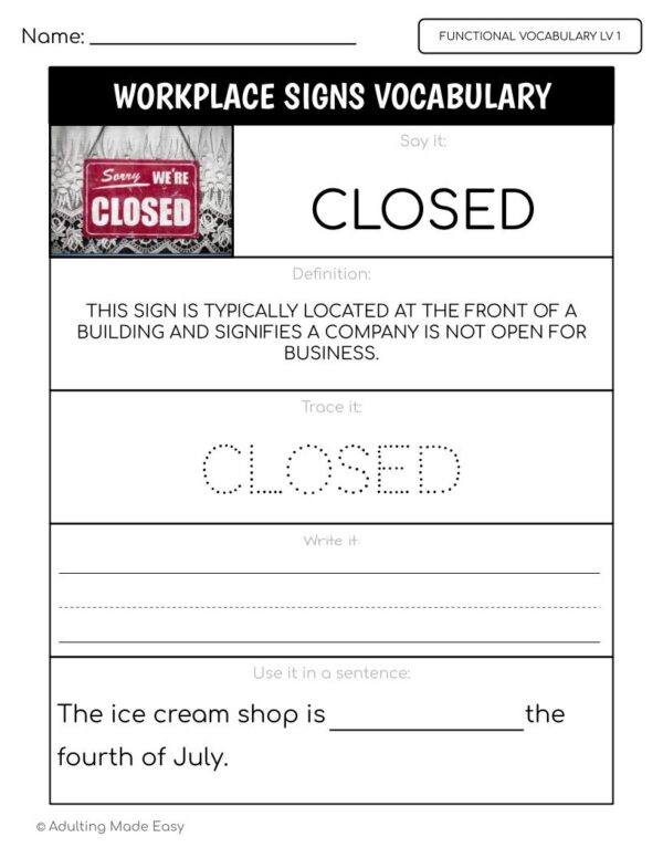 Workplace Signs Functional Vocabulary LEVEL 1 Worksheets - Image 2