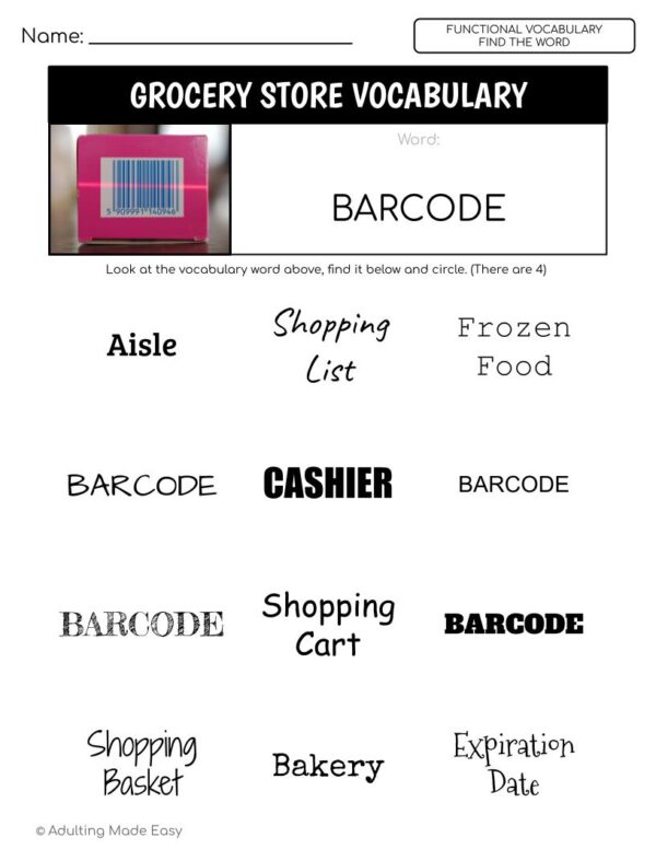 Grocery Store Functional Vocabulary FIND THE WORD Worksheets - Image 3