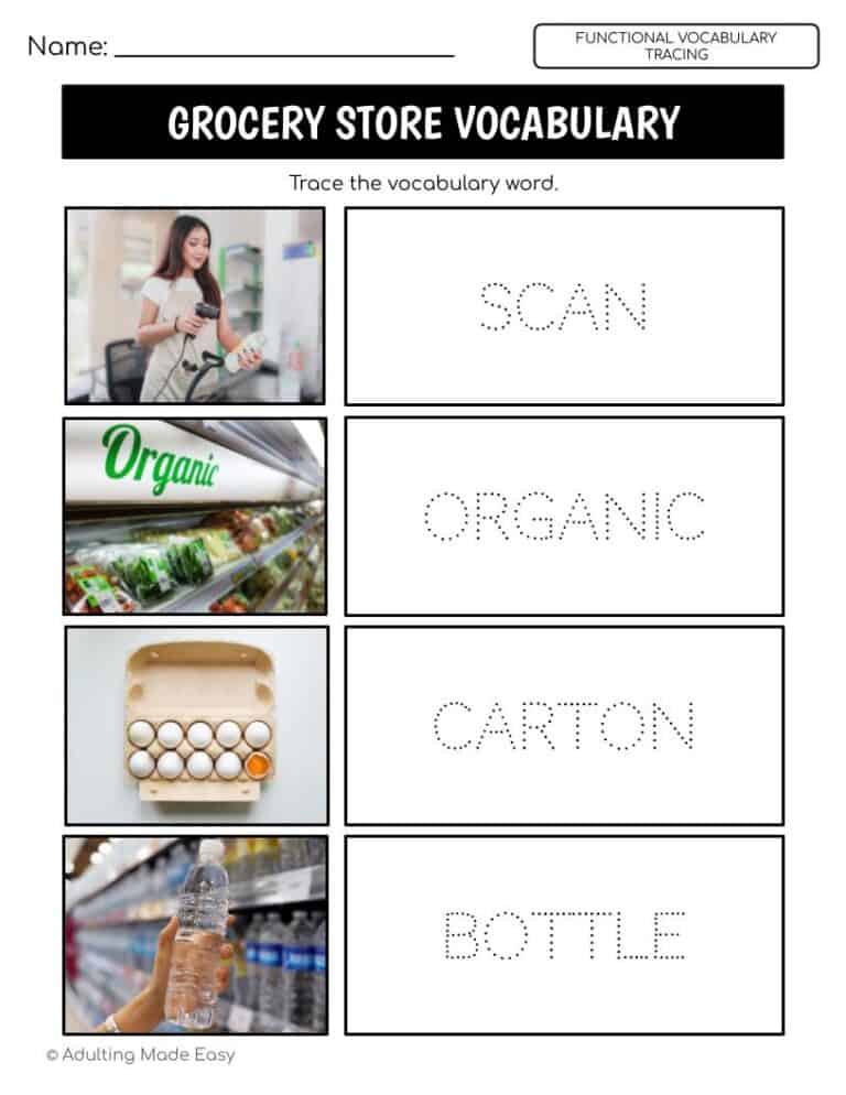 Grocery Store Vocabulary TRACING Worksheets - Adulting Made Easy LLC
