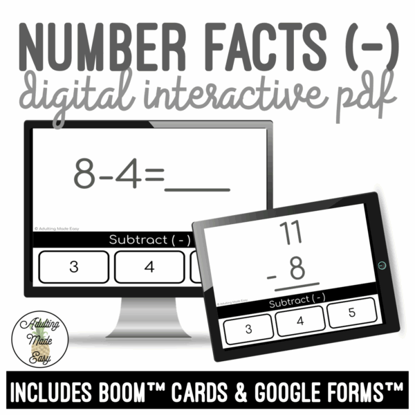 Number Facts Subtraction Digital Task Cards