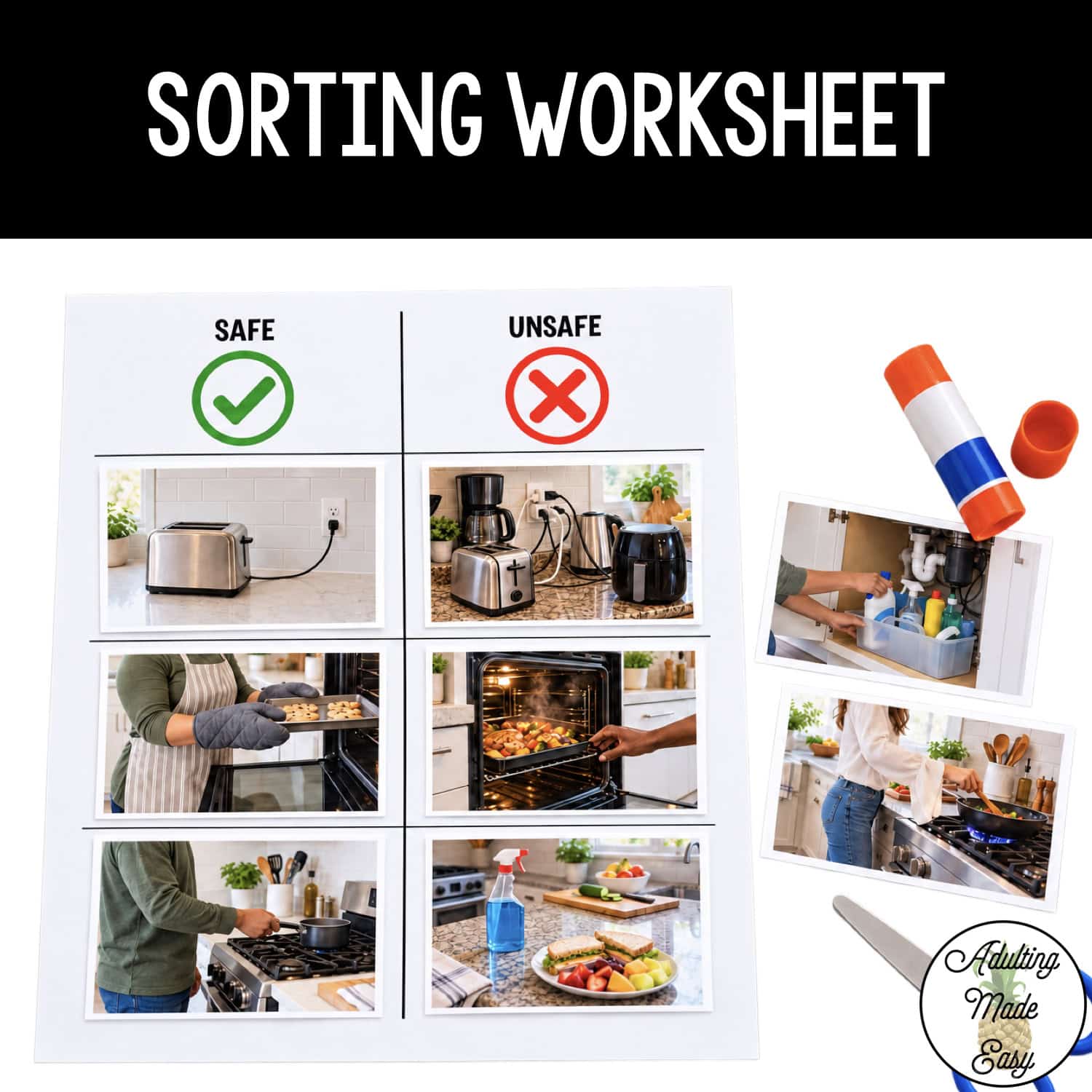 Safe Vs. Unsafe Kitchen Safety Scenario Sorting Activity